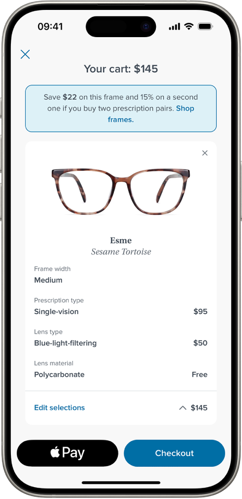 Le panier d’une app affichant le prix des articles sélectionnés. Le bouton Apple Pay se trouve en bas à gauche.
