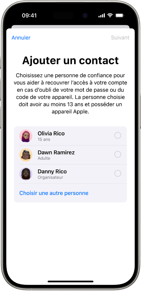L’écran « Ajouter un contact de récupération ».