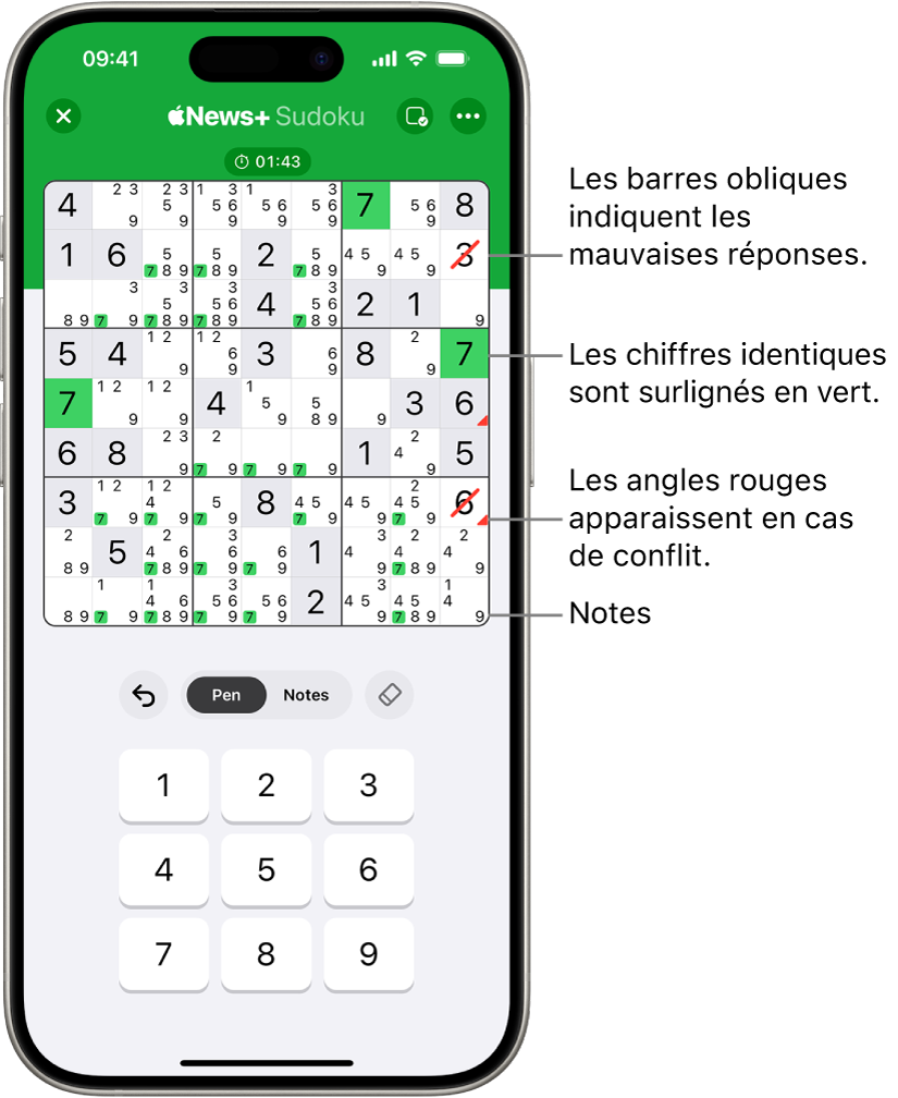 Sudoku avec plusieurs fonctionnalités activées : Notes, Highlight Matching Numbers, Show Conflicts et Autocheck.