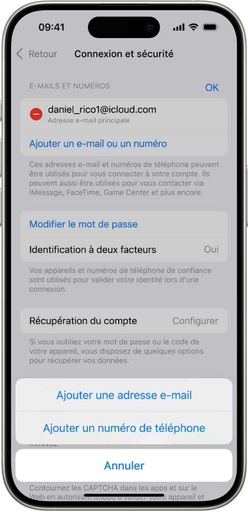 L’écran « Connexion et sécurité » dans Réglages.