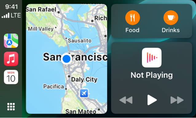 સાઇડબારમાં નકશા, સંગીત અને મેસેજ દર્શાવતું CarPlay ડૅશબોર્ડ. જમણી બાજુએ Apple Parkનો નકશો, નૅવિગેશન વિંડો અને “અત્યારે પ્લે થઈ રહ્યું છે” વિંડો છે.