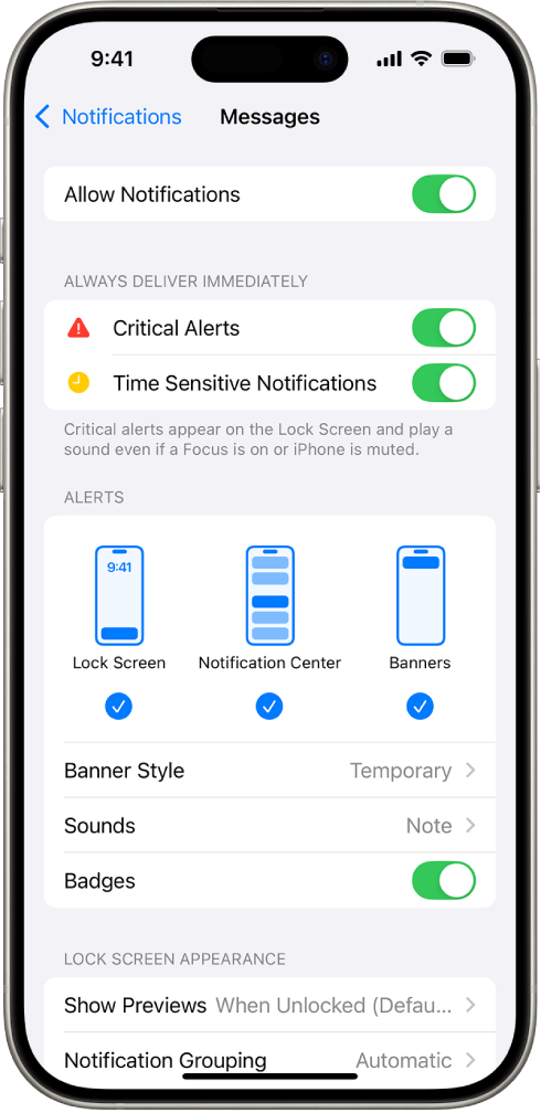 સૂચનાઓ અને અલર્ટ માટે iPhone પર મેસેજ સેટિંગ્સ.