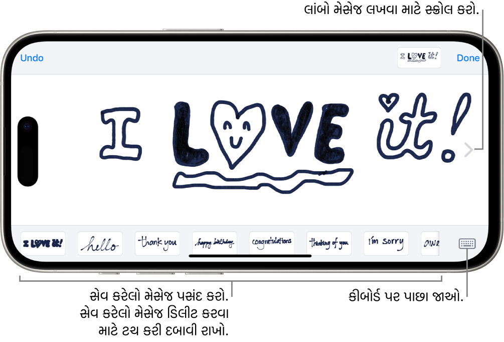 હસ્તલિખિત મેસેજ કંપોઝ કરવા માટેનું કૅન્વસ. નીચે ડાબેથી જમણે હસ્તલિખિત આઇટમ અને કીબોર્ડ બટન સેવ કરવામાં આવે છે.