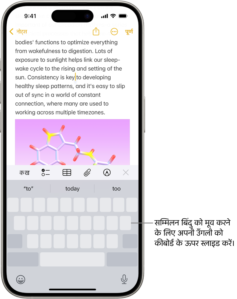 नोट्स ऐप में कोई तस्वीर खुली है। स्क्रीन के निचले हिस्से में मौजूद ऑनस्क्रीन कीबोर्ड ट्रैकपैड मोड में है।