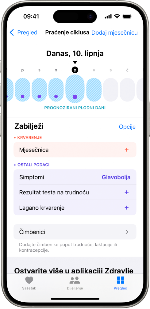 Zaslon Praćenje ciklusa s vremenskom linijom pri vrhu koja pokazuje procjenu plodnog razdoblja. Ispod vremenske linije nalaze se opcije za dodavanje informacija o mjesečnici, simptomima i ostalom.