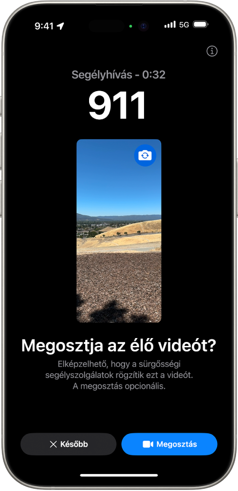Egy Vészhelyzeti SOS élő videó képernyő egy 911-es telefonos segélyhívást mutat középen egy videó előnézetével. Lent a Most nem és a Videó megosztása gombok láthatók.