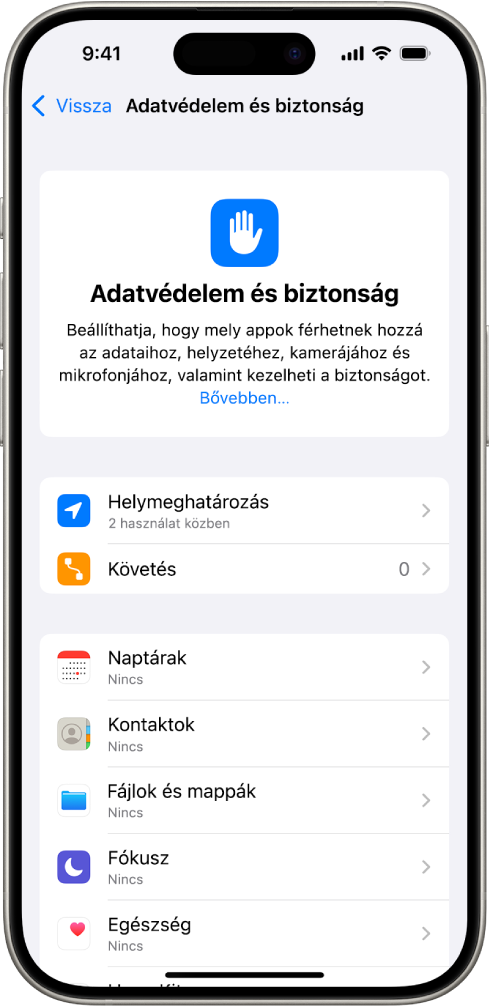 Az Adatvédelem és biztonság képernyő a Beállításokban.