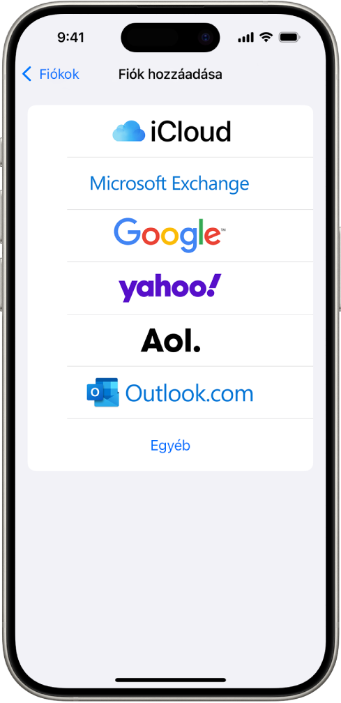 A Fiók hozzáadása képernyő az alábbi lehetőségekkel: iCloud, Microsoft Exchange, Google, Yahoo, AOL és Egyéb.