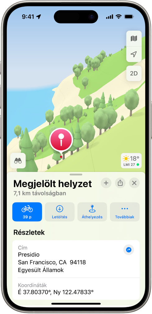 Leszúrt gombostű egy térképen egy parkban. Alatta gombok láthatók, amelyekkel útvonalterveket jeleníthet meg a gombostűhöz, letöltheti a környező területet, vagy áthelyezheti a gombostűt.