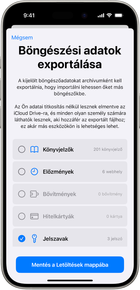 A Böngészési adatok exportálása képernyő, ahol a Jelszavak opció be van jelölve egy másik jelszókezelőbe történő exportáláshoz.