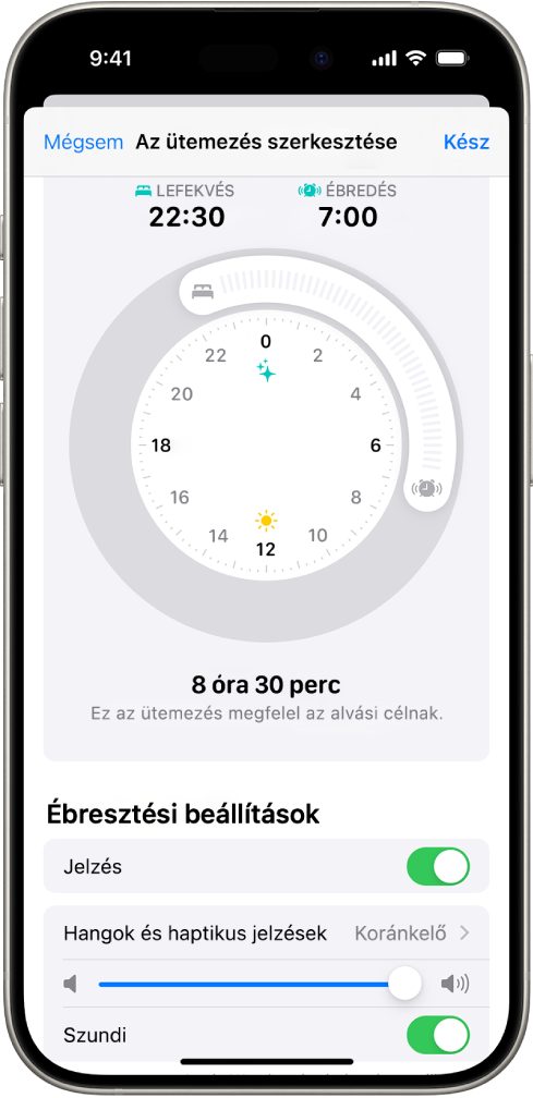Az Egészségben Az ütemezés szerkesztése képernyő tetején az Alvásidő és ébresztés óra,m az alján pedig az ébresztési beállítások láthatók.