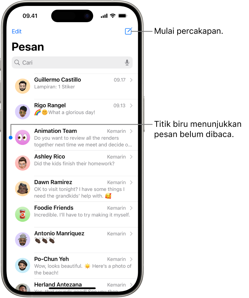 Daftar percakapan Pesan, dengan tombol Tulis di kanan atas. Titik biru di sebelah kiri pesan menunjukkan pesan belum dibaca.