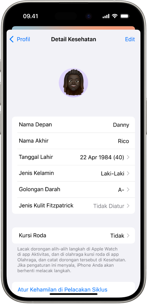 Layar Detail Kesehatan, yang menyertakan bidang nama, tanggal lahir, golongan darah, dan informasi lainnya.