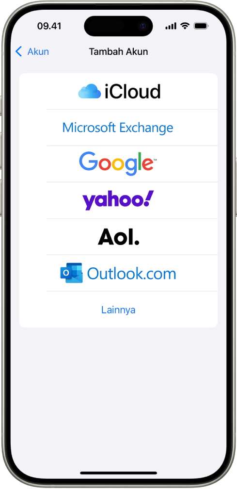 Layar Tambah Akun, dengan pilihan untuk memilih iCloud, Microsoft Exchange, Google, Yahoo, AOL, dan Lainnya.