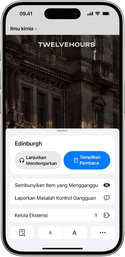 Di Safari, tombol Pengaturan Halaman di situs web telah diketuk, yang menampilkan pilihan termasuk Sembunyikan Item yang Mengganggu.