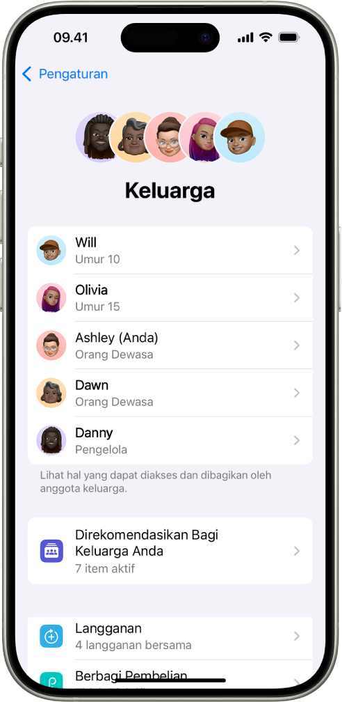 Layar Keluarga Berbagi di Pengaturan. Lima anggota keluarga tercantum dan 4 langganan dibagikan dengan keluarga.