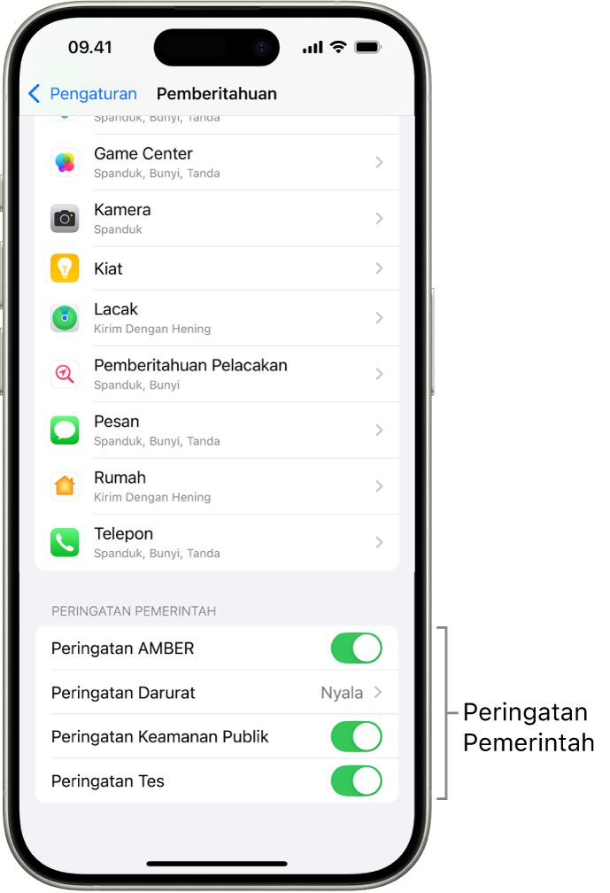 Layar Pemberitahuan, menampilkan Peringatan Pemerintah yang dapat Anda nyalakan untuk menerima peringatan pemerintah.