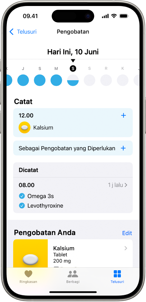 Layar Pengobatan di Kesehatan menampilkan tanggal waktu dan catatan untuk pengobatan.