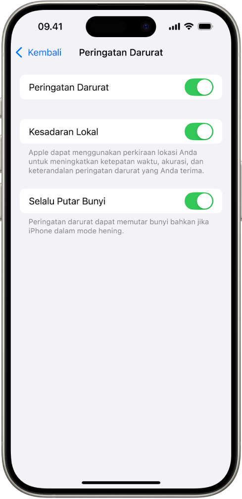 Layar Peringatan Darurat, dengan Peringatan Darurat, Kesadaran Lokal, dan Selalu Putar Bunyi dinyalakan.