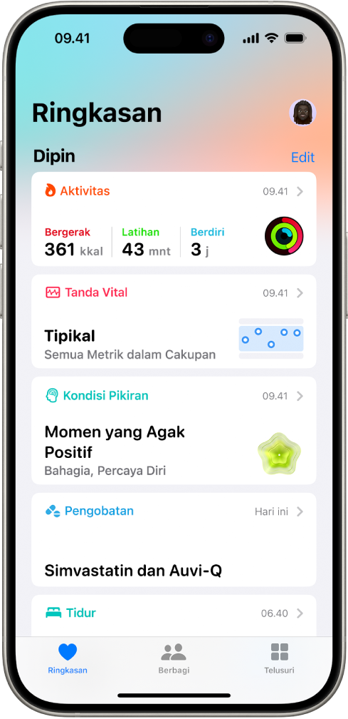 Layar Ringkasan di Kesehatan. Informasi mengenai aktivitas, tanda vital, kondisi pikiran, dan pengobatan muncul di bawah Dipin.