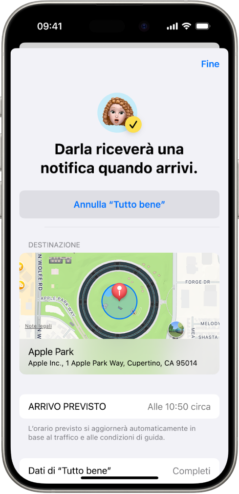 Una schermata di “Tutto bene” che mostra che una persona amica riceverà una notifica tra 14 minuti; sotto sono presenti opzioni per prolungare il tempo o annullare la sessione di “Tutto bene”. In fondo è presente una mappa che mostra la posizione attuale.
