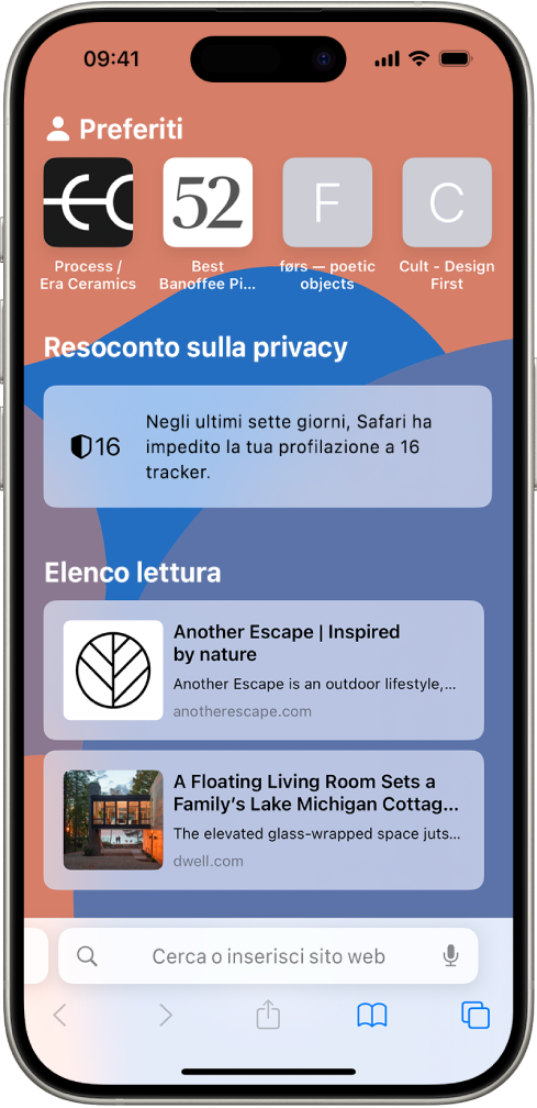 La pagina iniziale di Safari, che mostra i siti web preferiti, il resoconto sulla privacy e i siti web salvati nell’elenco di lettura.