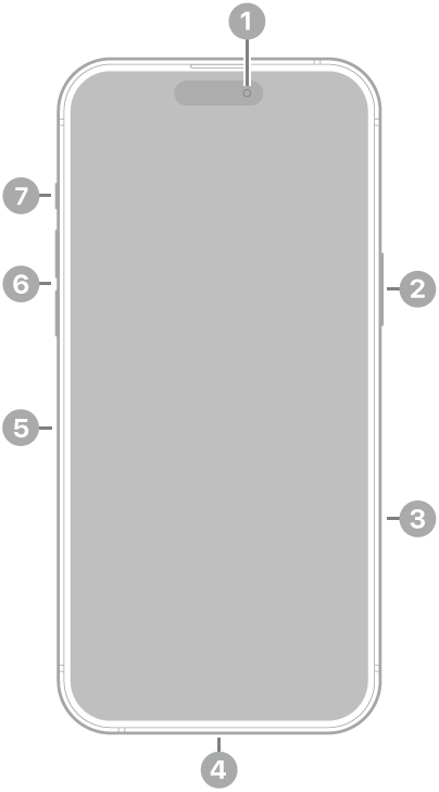 Vista frontale di iPhone 16 Pro Max. In alto al centro è presente la fotocamera anteriore. Il tasto laterale e il controllo fotocamera sono sulla destra. In basso è presente il connettore USB-C. Sul lato sinistro, dal basso verso l’alto, sono presenti l’alloggiamento per la SIM, i tasti per il volume e il tasto Azione.