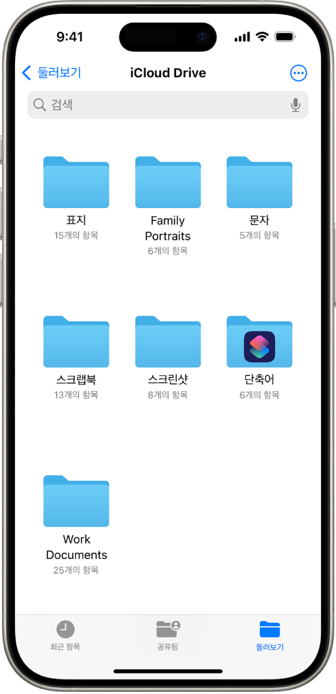 이름이 표지, Family Portraits, 문자, 스크랩북, 스크린샷, 단축어, Work Documents인 여러 iCloud Drive 폴더가 표시된 파일 앱. 화면 하단에는 최근 파일, 공유된 파일 및 둘러보기 탭의 버튼이 있음.