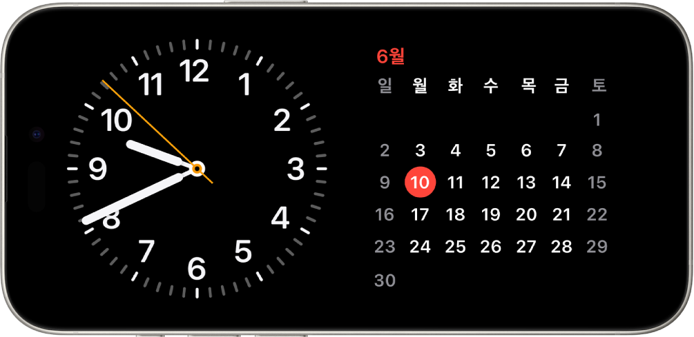 가로로 돌린 iPhone. 화면 왼쪽에는 시계, 오른쪽에는 날짜가 표시됨.