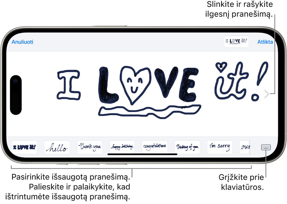 Žinučių rašymo ranka drobė. Apačioje (iš kairės į dešinę) yra išsaugoti ranka parašyti elementai ir mygtukas „Klaviatūra“.