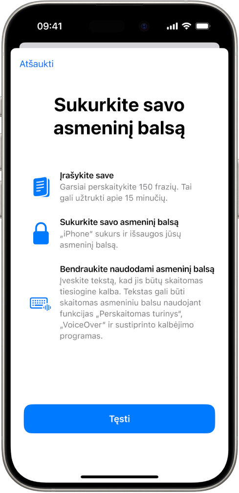 „iPhone“ įrenginyje rodoma informacija apie asmeninio balso kūrimą.
