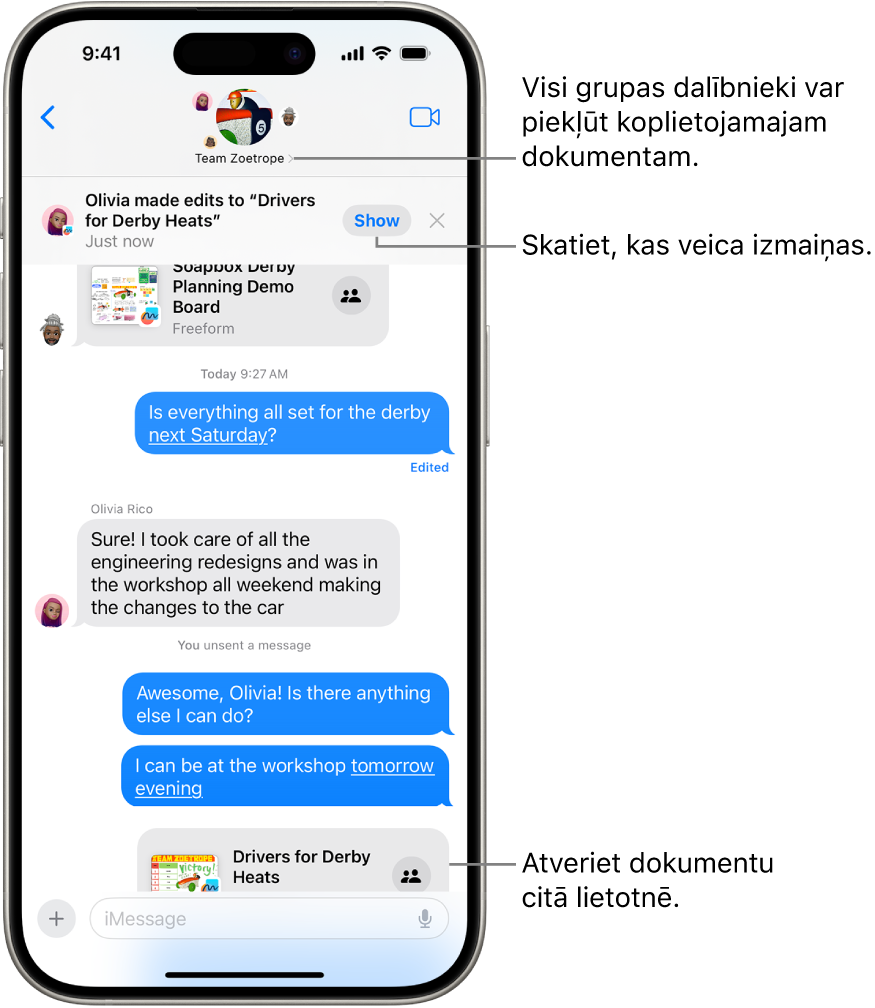 Grupas saruna lietotnē Messages, tostarp sadarbības uzaicinājums un atjauninājumi sarunas loga augšdaļā.