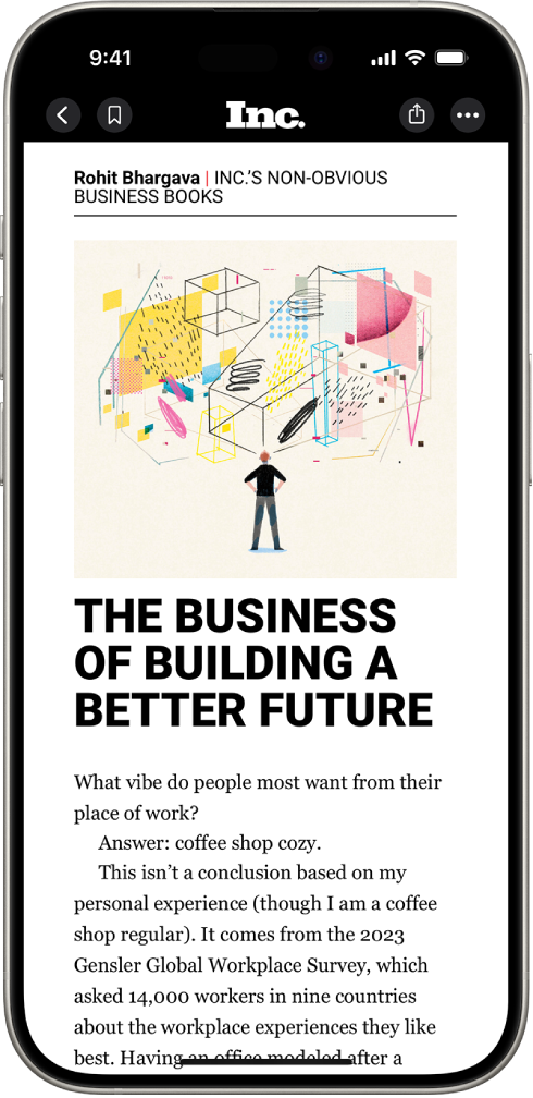Apple News-ൽ നിന്നുള്ള ഒരു ലേഖനം. സ്റ്റോക്ക്സ് ആപ്പിലേക്കും ബുക്ക്മാർക്ക് ബട്ടണിലേക്കും മടങ്ങാനായി സ്ക്രീനിന്റെ മുകളിൽ ഇടത് മൂലയിൽ ‘പിന്നിലേക്ക്’ ബട്ടൺ ഉണ്ട്. മുകളിൽ വലത് കോണിൽ ടെക്സ്റ്റ് വലിപ്പം, ‘കൂടുതൽ പ്രവർത്തനങ്ങൾ ബട്ടണുകൾ ഉണ്ട്.