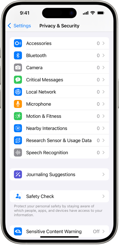 ആപ്പുകൾക്ക് ക്യാമറ, മൈക്രൊഫോൺ, നിങ്ങളുടെ iPhone-ന്റെ മറ്റ് ഭാഗങ്ങൾ എന്നിവ ഉപയോഗിക്കാനാകുമോ എന്ന് നിയന്ത്രിക്കാനുള്ള ക്രമീകരണത്തോട് കൂടിയ, ‘സ്വകാര്യതയും സുരക്ഷയും’ സ്ക്രീൻ.
