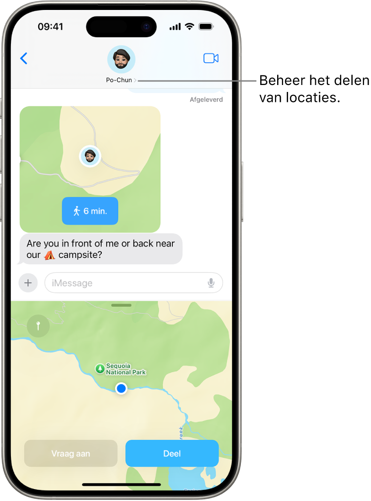 Een gesprek in Berichten met een gedeelde locatie.