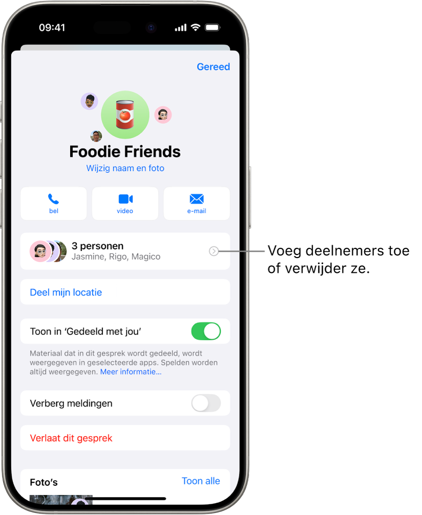 De gespreksgegevens voor een groep.