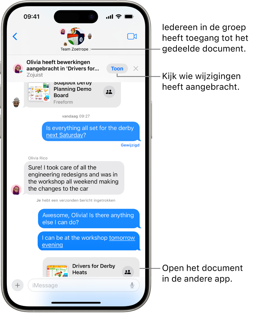 Een groepsgesprek in Berichten, met een uitnodiging om samen te werken en updates bovenaan het gespreksvenster.
