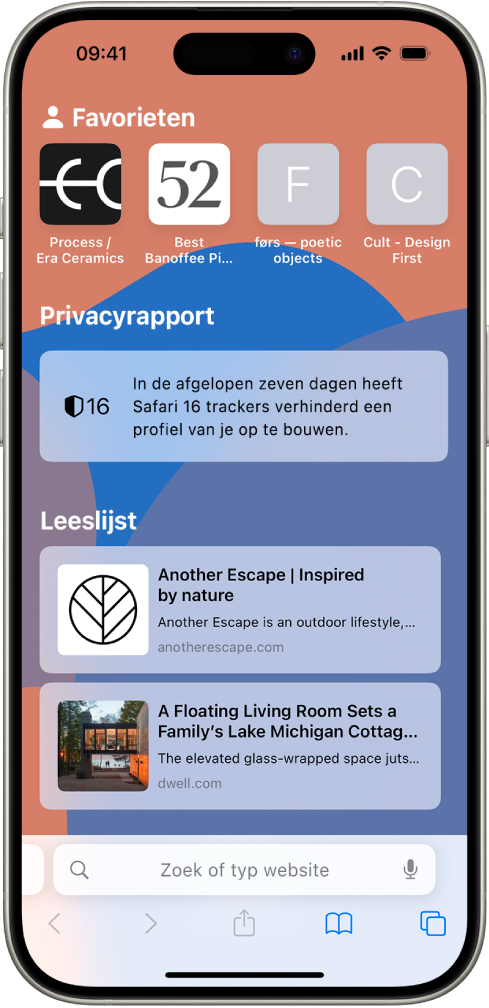 De startpagina in Safari met favoriete websites, het privacyrapport en websites die in de leeslijst zijn bewaard.
