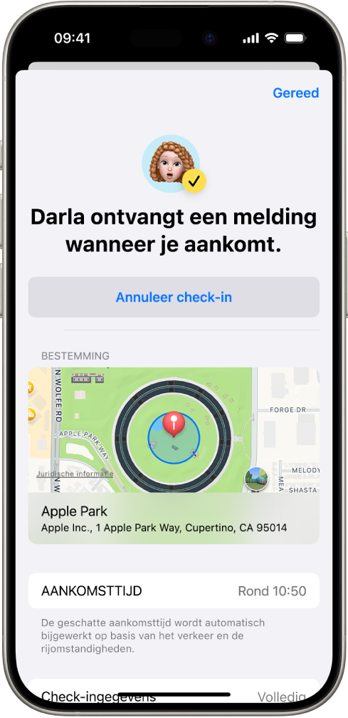 Een check‑inscherm waarop staat aangegeven dat iemand anders over 14 minuten een melding krijgt. Daaronder staan opties om de tijd te verlengen of de check‑in te annuleren. Onderin staat een kaart met de huidige locatie.