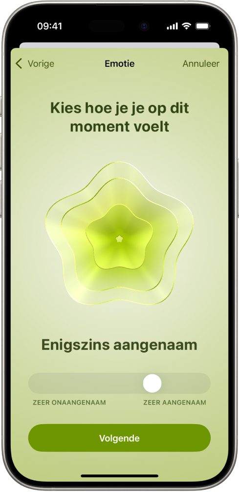 Een scherm in de Gezondheid-app waarin de huidige stemming als 'Enigszins aangenaam' wordt aangeduid. Onder in het scherm is een schuifknop om de sterkte van de emotie aan te passen.
