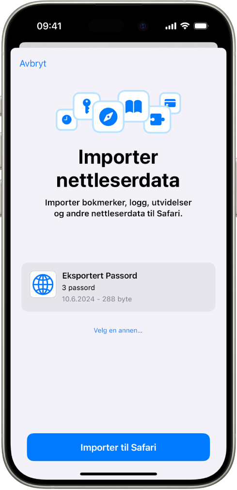 Importer nettleserdata-skjermen viser en CSV-fil med passord fra en annen passordhåndterer, som skal importeres.