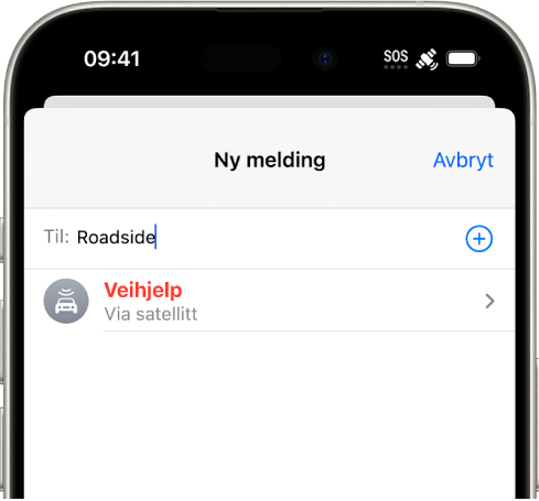En ny melding som er adressert til «Veihjelp». Under vises en lenke til Veihjelp via satellitt.