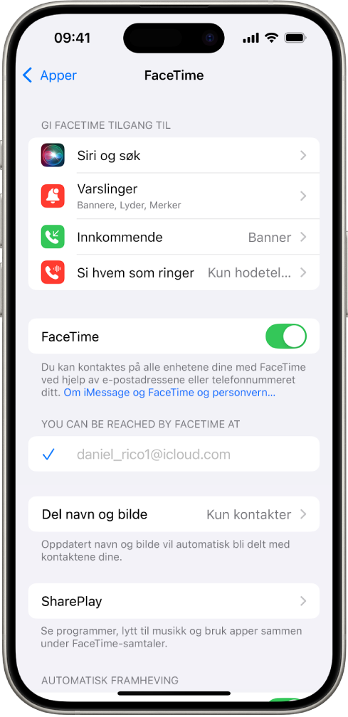 Skjerm med FaceTime-innstillinger, som viser bryteren for å slå FaceTime av eller på samt feltet med Apple-kontoen din for FaceTime.