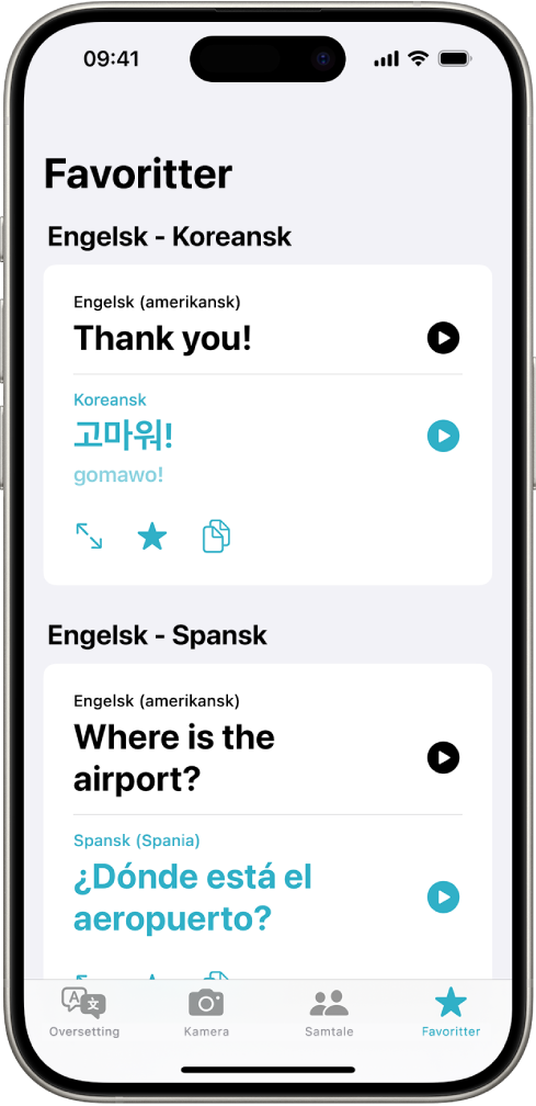 Favoritter-fanen som viser oversatte uttrykk fra engelsk til koreansk og fra engelsk til spansk.