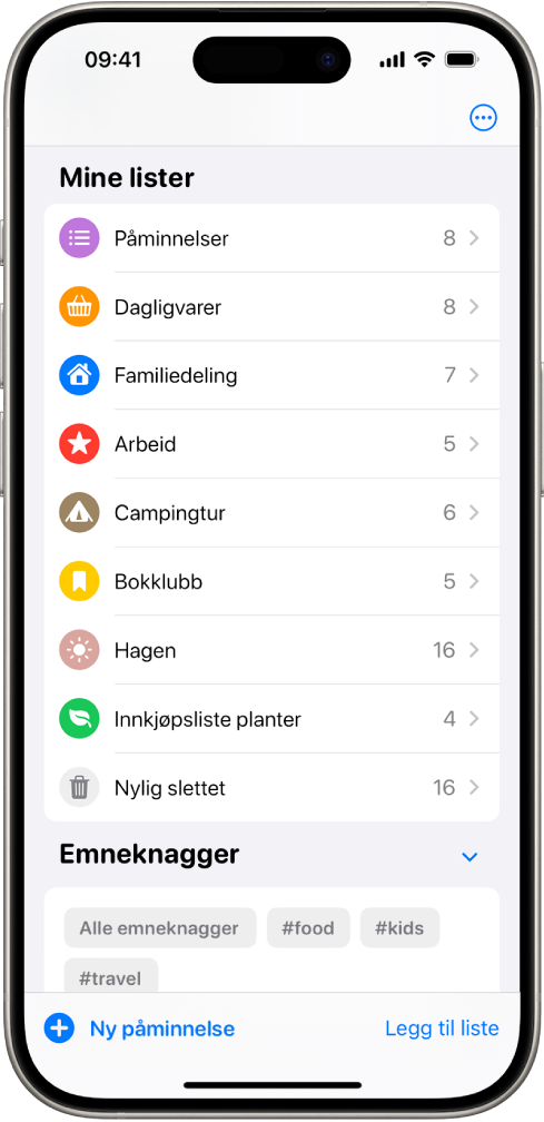 Påminnelser-appen som viser flere lister og Emneknaggviseren nederst.