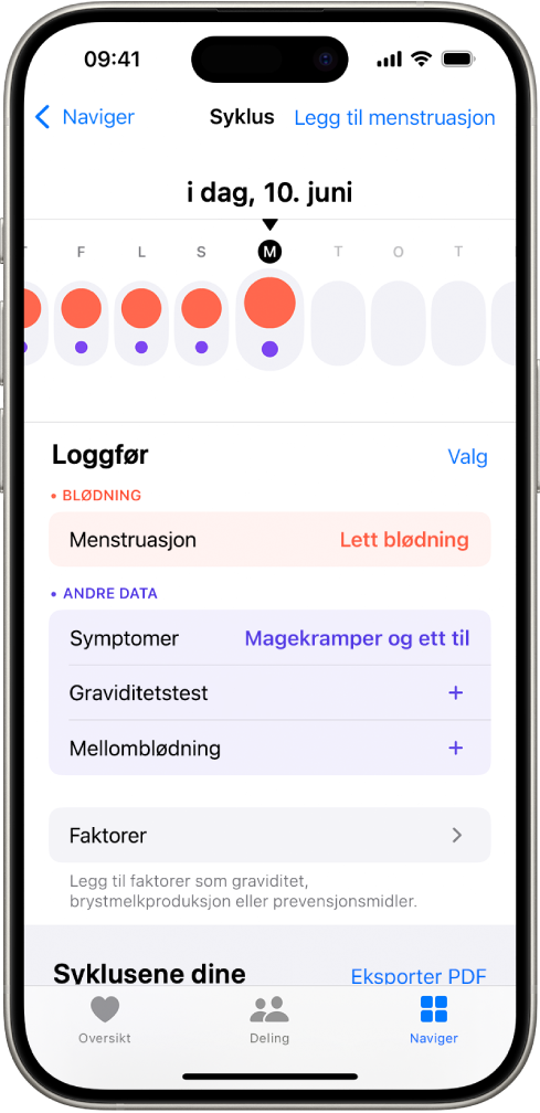 Syklus-skjermen viser tidslinjen for en uke øverst på skjermen. Røde sirkler og lilla prikker viser de fem første dagene i tidslinjen. Under tidslinjen vises valg for å legge til mer informasjon om menstruasjon, symptomer og annet.