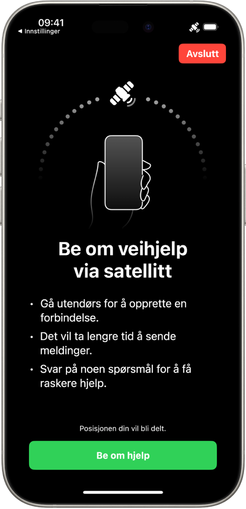 Veihjelp via satellitt-skjermen. Be om hjelp-knappen er nederst på skjermen.