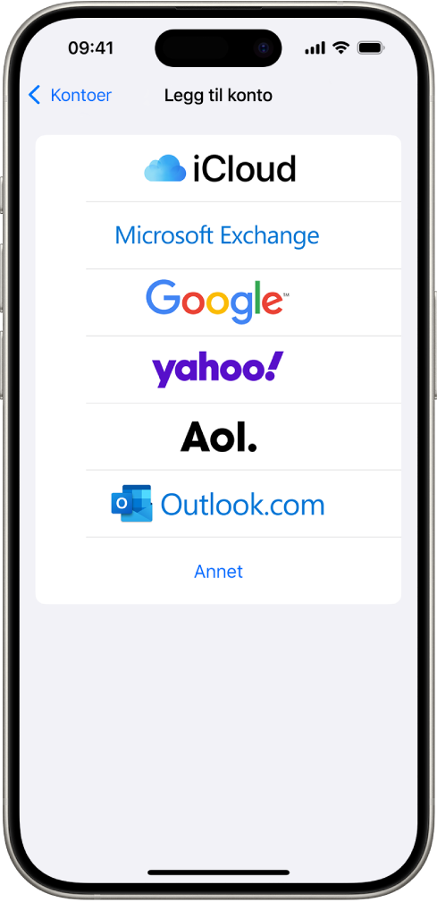 Legg til konto-skjermen med alternativer for å velge iCloud, Microsoft Exchange, Google, Yahoo, AOL og Andre.