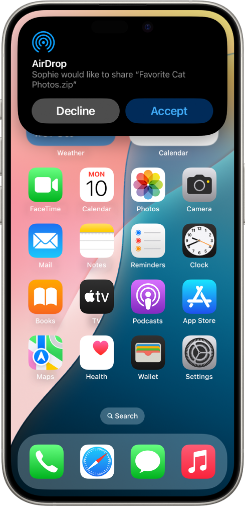 ଏକ iPhone ହୋମ୍ ସ୍କ୍ରୀନ୍ର ଶୀର୍ଷରେ ଏକ AirDrop ମେସେଜ୍ ଦେଖାଉଛି।