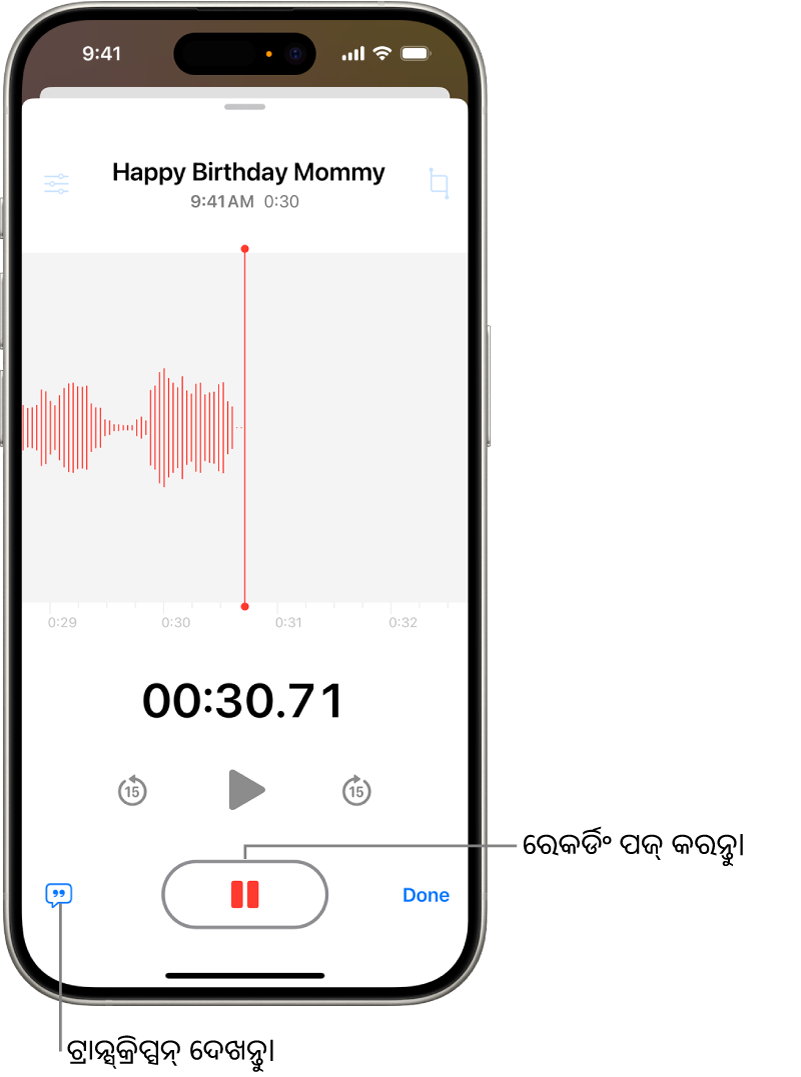 ରେକର୍ଡିଂକୁ ପଜ୍ କରିବା ପାଇଁ ଏକ ଟାଇମ୍ ଇଣ୍ଡିକେଟର୍ ଏବଂ ଏକ ବଟନ୍ ସହିତ ଚାଲୁଥିବା ରେକର୍ଡିଂର ଏକ ତରଙ୍ଗ ରୂପ ଦେଖାଉଥିବା ଏକ ଭଏସ୍ ମେମୋ ରେକର୍ଡିଂ।